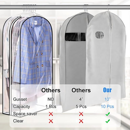 Clear view garment bags (6-pack) ensure clothing is dust-free and organized.