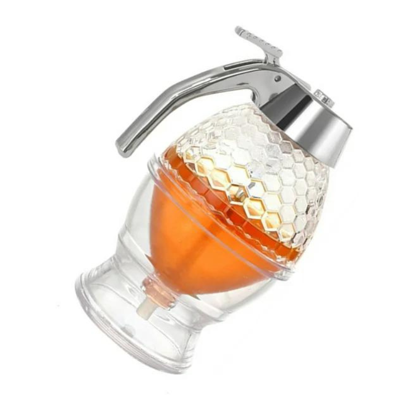 Stylish clear plastic tableware, a drip-free honey and syrup server for any meal.