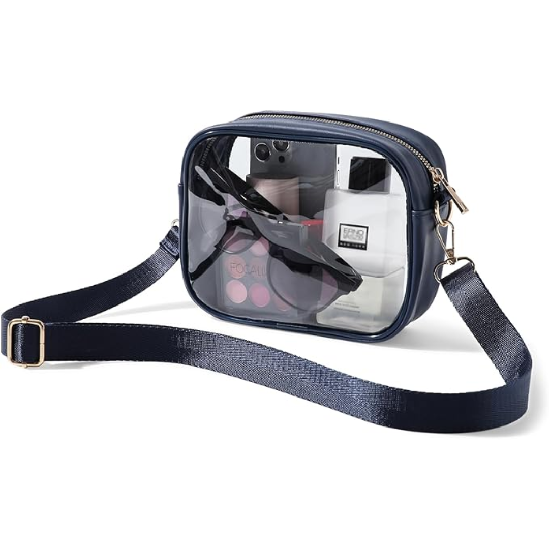 Durable PVC transparent crossbody bag, sleek design for women's events, concerts & travel.
