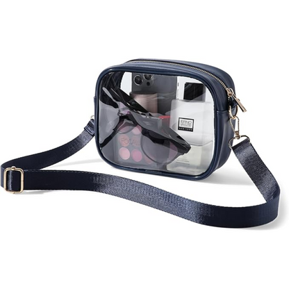 Durable PVC transparent crossbody bag, sleek design for women's events, concerts & travel.