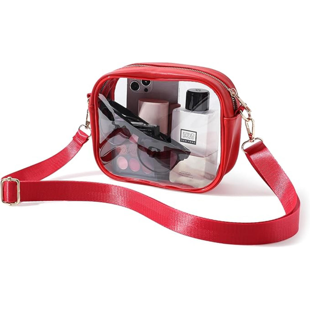 Compact transparent crossbody bag with adjustable strap, hands-free convenience for travel & events.