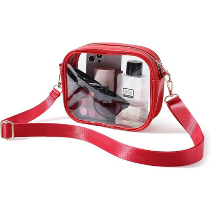 Compact transparent crossbody bag with adjustable strap, hands-free convenience for travel & events.