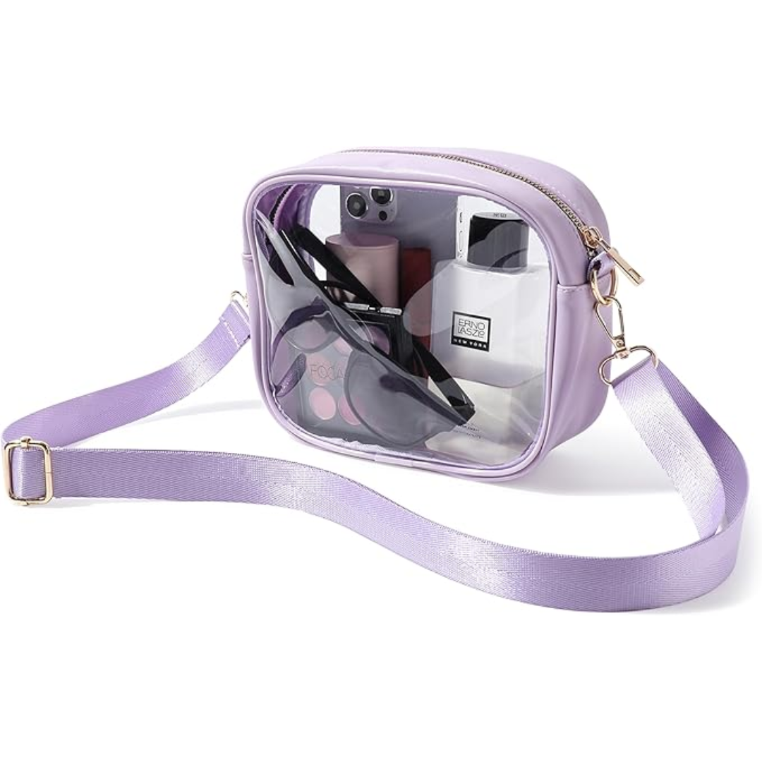 Stadium approved clear PVC crossbody bag, ideal for concerts, sports events, and security checks.
