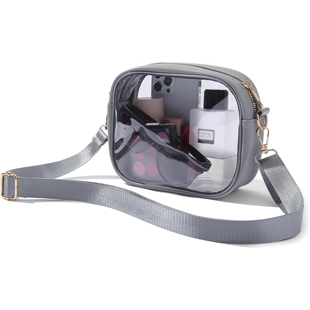 Transparent VisiBag crossbody for women, quickly find essentials at events, stadium approved.