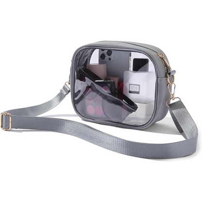 Transparent VisiBag crossbody for women, quickly find essentials at events, stadium approved.