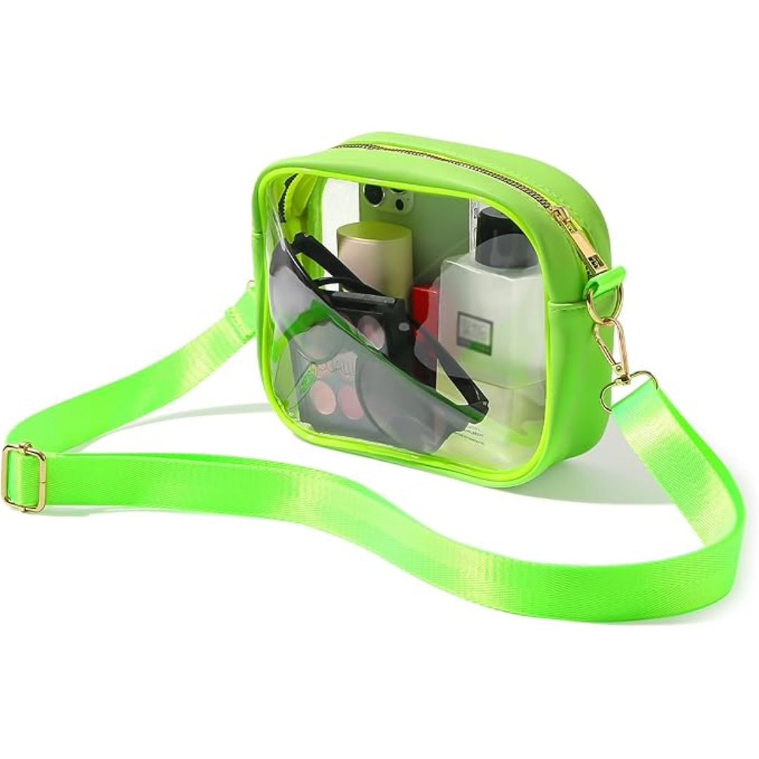 Compact clear travel crossbody bag for women, convenient for airport security and keeping hands free.