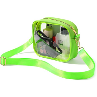 Compact clear travel crossbody bag for women, convenient for airport security and keeping hands free.