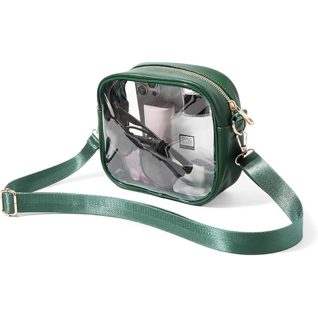 Women's transparent mini crossbody bag, ideal for events, concerts, and stadium entry, adjustable strap.