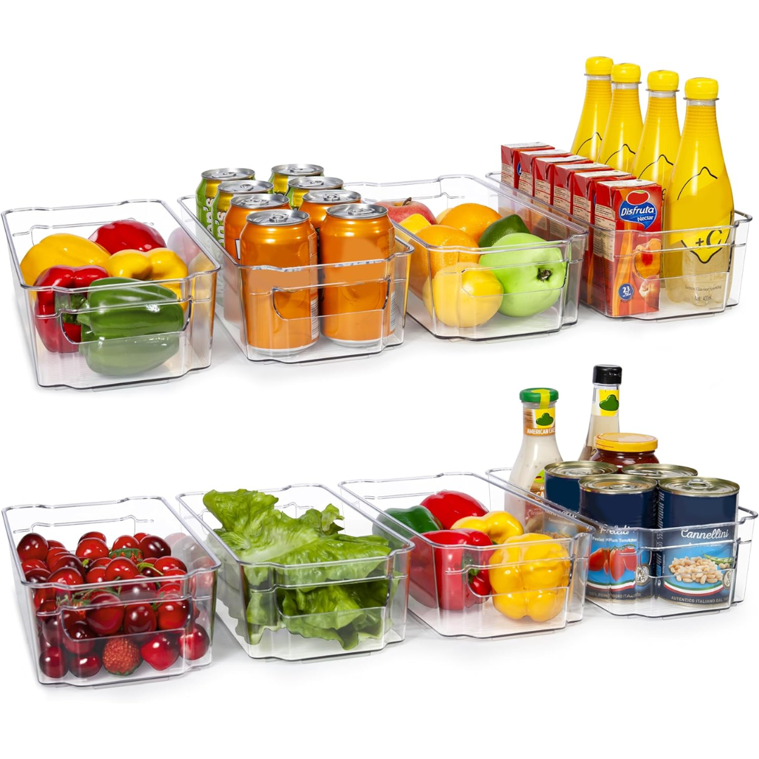 Clear refrigerator organizer bins, 4-piece set, for neat food storage and kitchen organization.