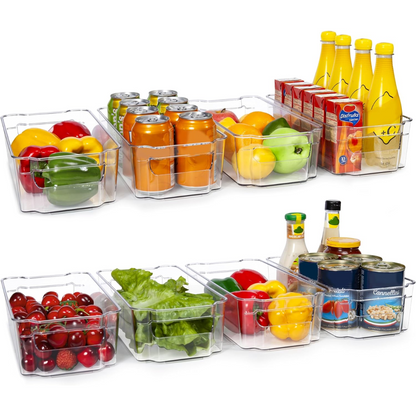 Clear refrigerator organizer bins, 4-piece set, for neat food storage and kitchen organization.
