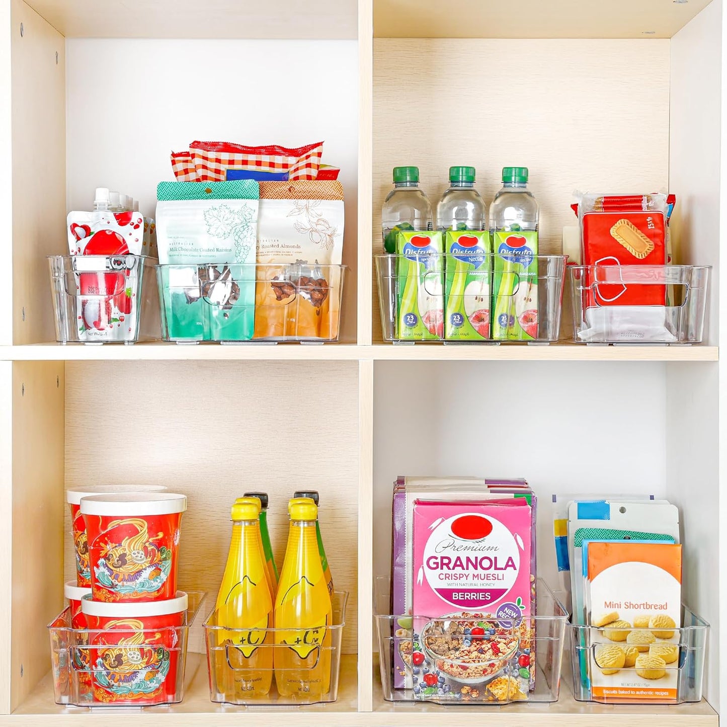 Multi-purpose clear plastic storage, set of 4, for fridge, pantry, bathroom, or craft organization.