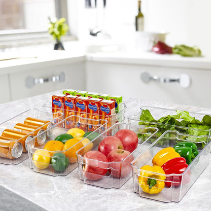 Transparent fridge organizer bins, a 4-piece collection to simplify your kitchen and food storage.
