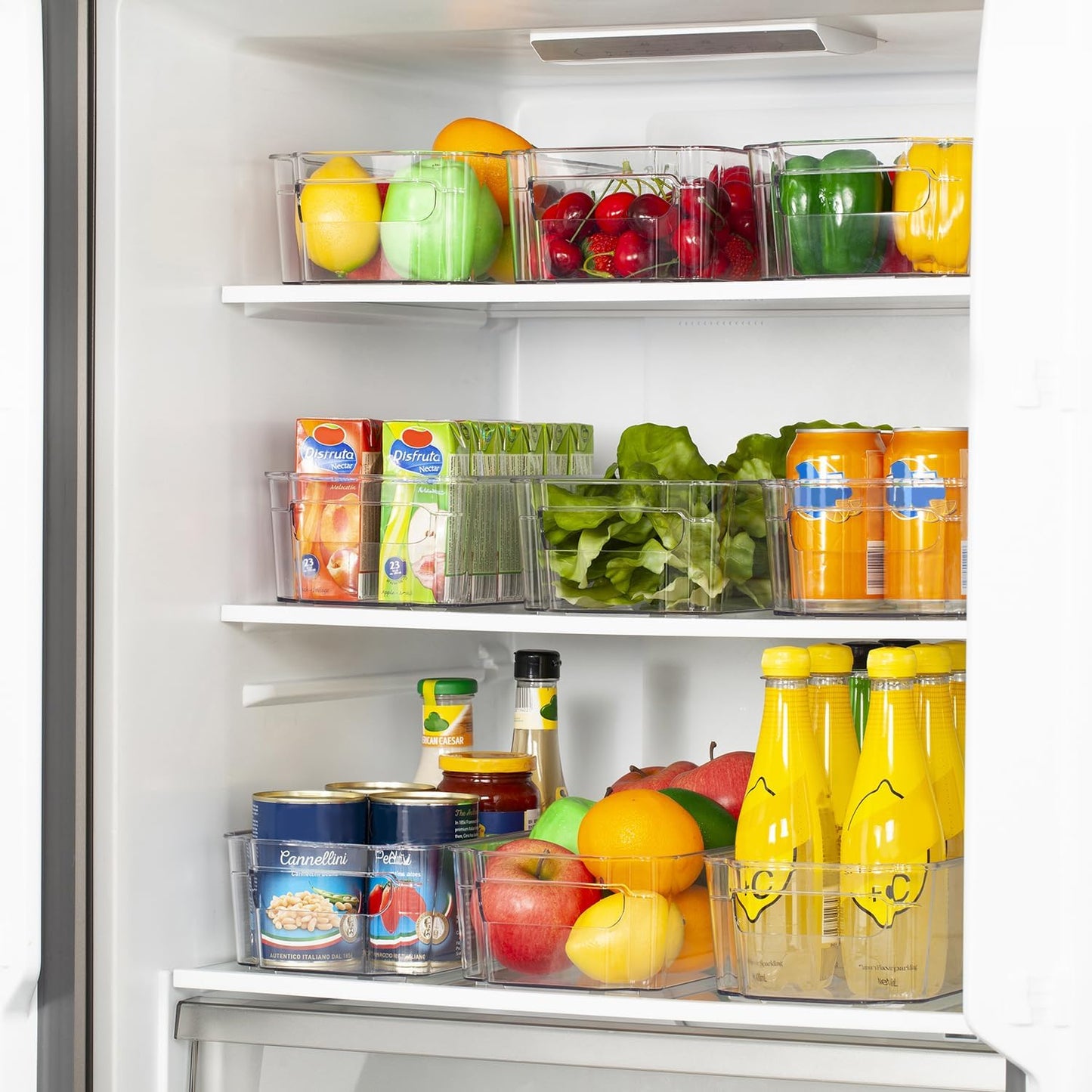 Durable 4-piece clear plastic organizer bins for efficient kitchen and home storage solutions.