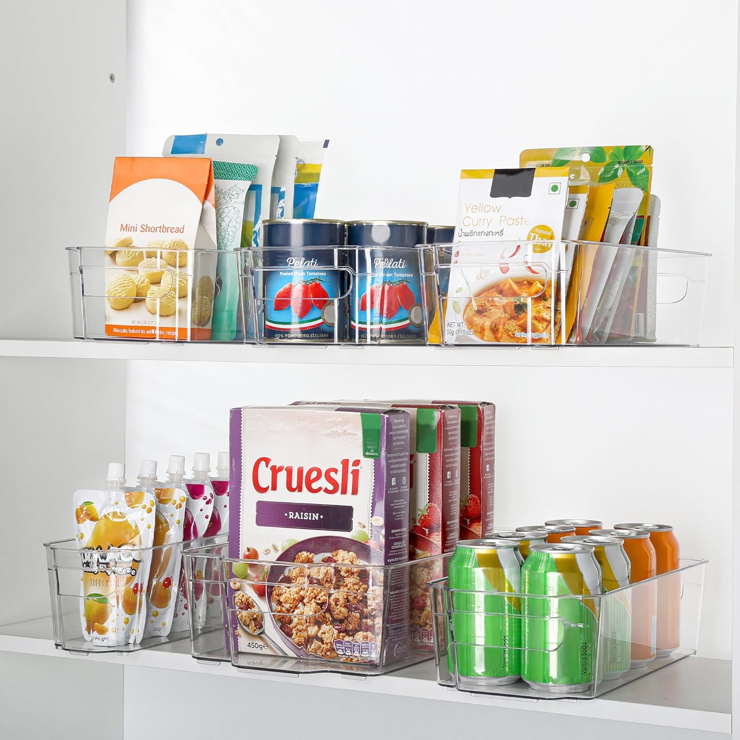 Transparent kitchen storage bins, a versatile 4-pack for fridge, freezer, or pantry organization.