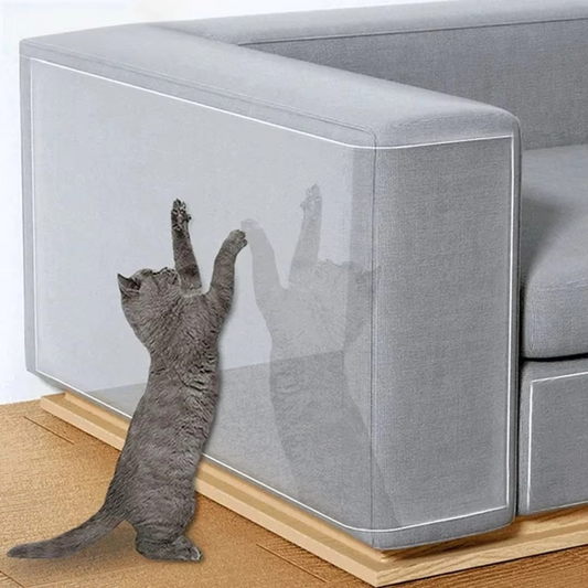 Clear self-adhesive cat scratch protector for furniture. Durable sofa shield against pet claws.