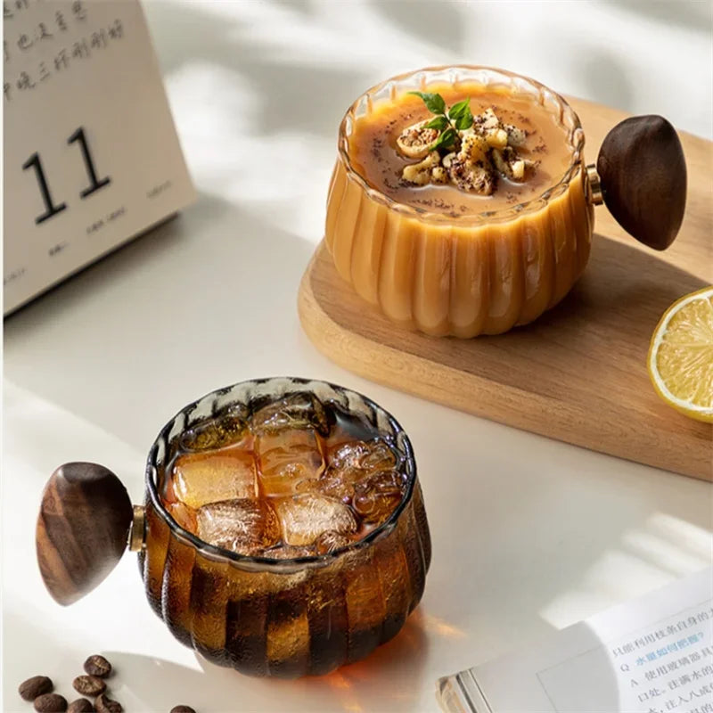 Elegant textured glass tea cup with ergonomic wood handle, 8 fl oz for home decor & daily use.