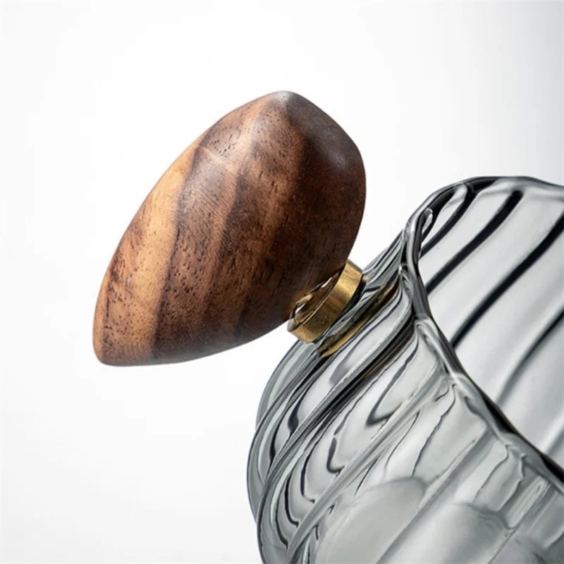 Black tinted textured glass mug with a distinctive wooden handle, suitable for any hot or cold drink.