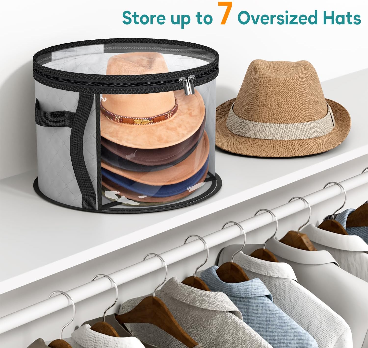 Unisex portable wide-brim hat organizer & storage case. Dustproof solution for travel & home hat protection.