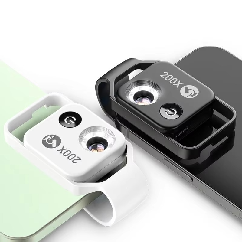 Clip-on 200X smartphone microscope lens, perfect for exploring tiny details, scientific study & macro photography.