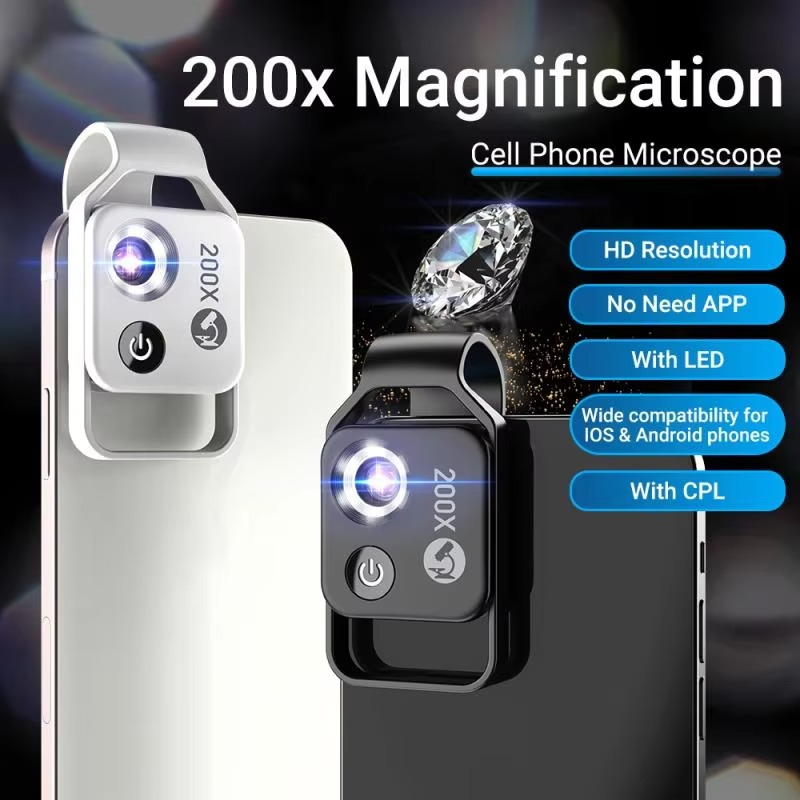 Portable 200X zoom smartphone clip-on microscope lens for on-the-go macro photography, science & education.