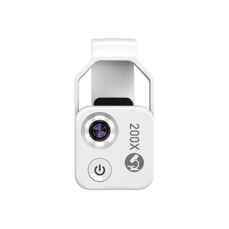 Compact 200X smartphone clip-on microscope lens for detailed inspection, hobby use & mobile photography.