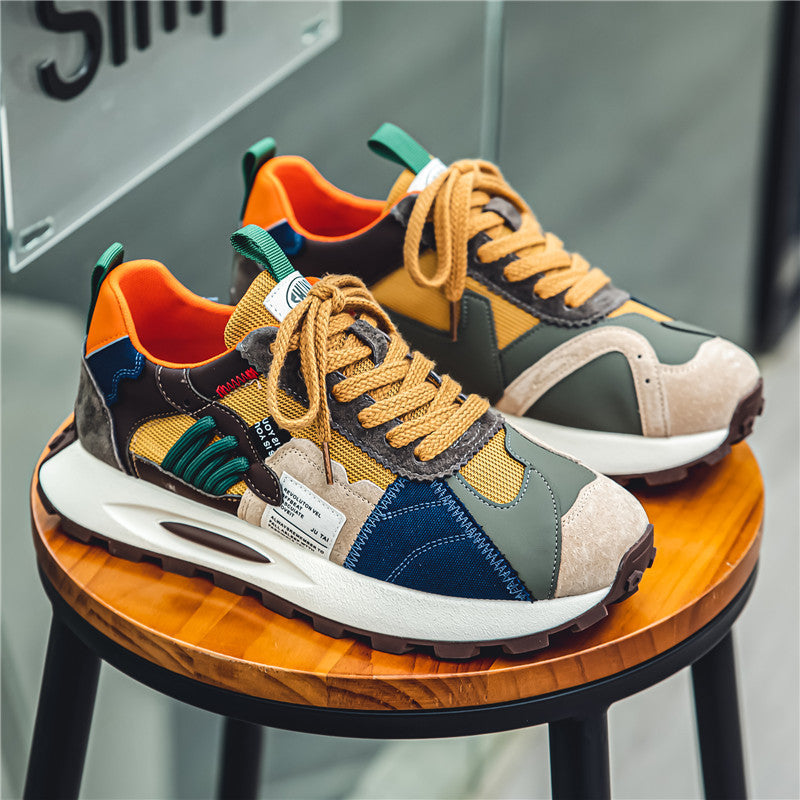 Multicolor mens athletic sneakers, retro 90s style, comfort shoes for urban fashion.