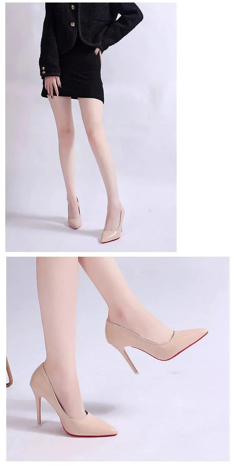 Side profile of women's black stiletto heels, showing elegant curve and pointed toe for dressy events.