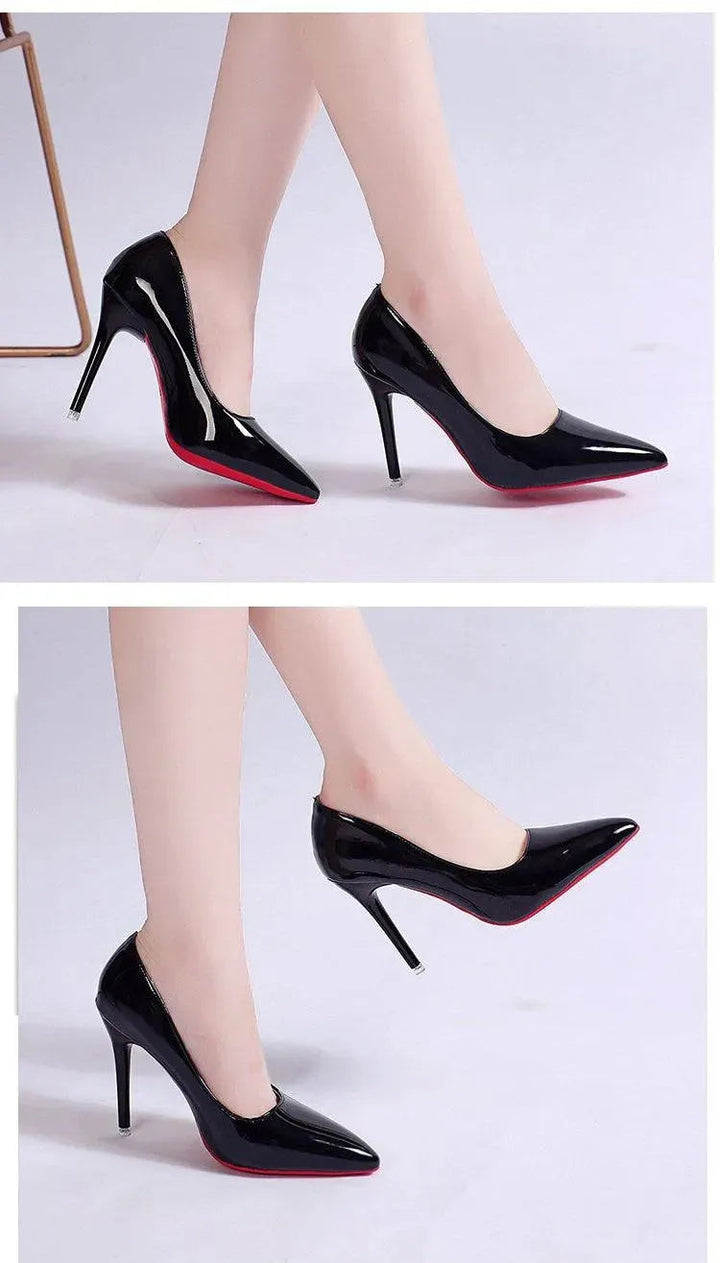 Front view of classic black stiletto pumps, high heels with a sleek pointed-toe design for women.