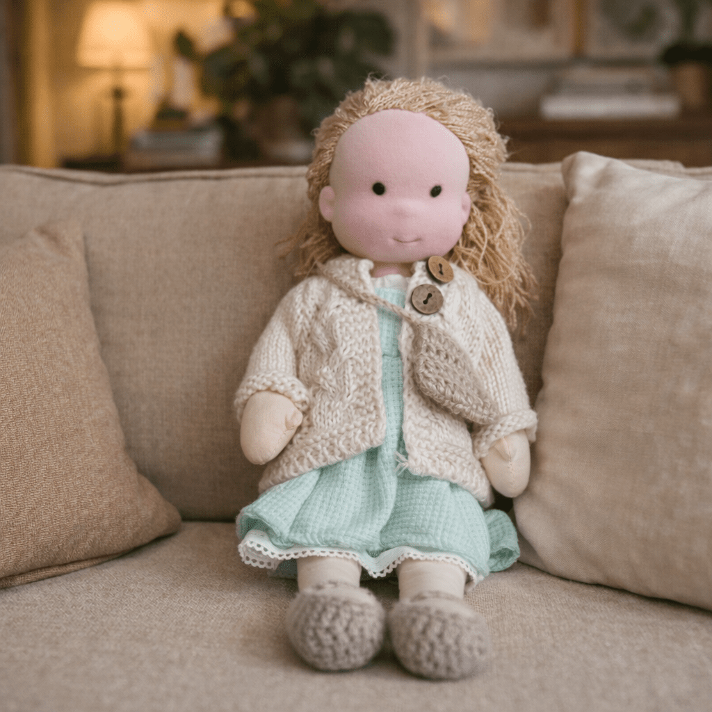 Waldorf doll made from pure cotton, handmade with love for children's creative exploration.