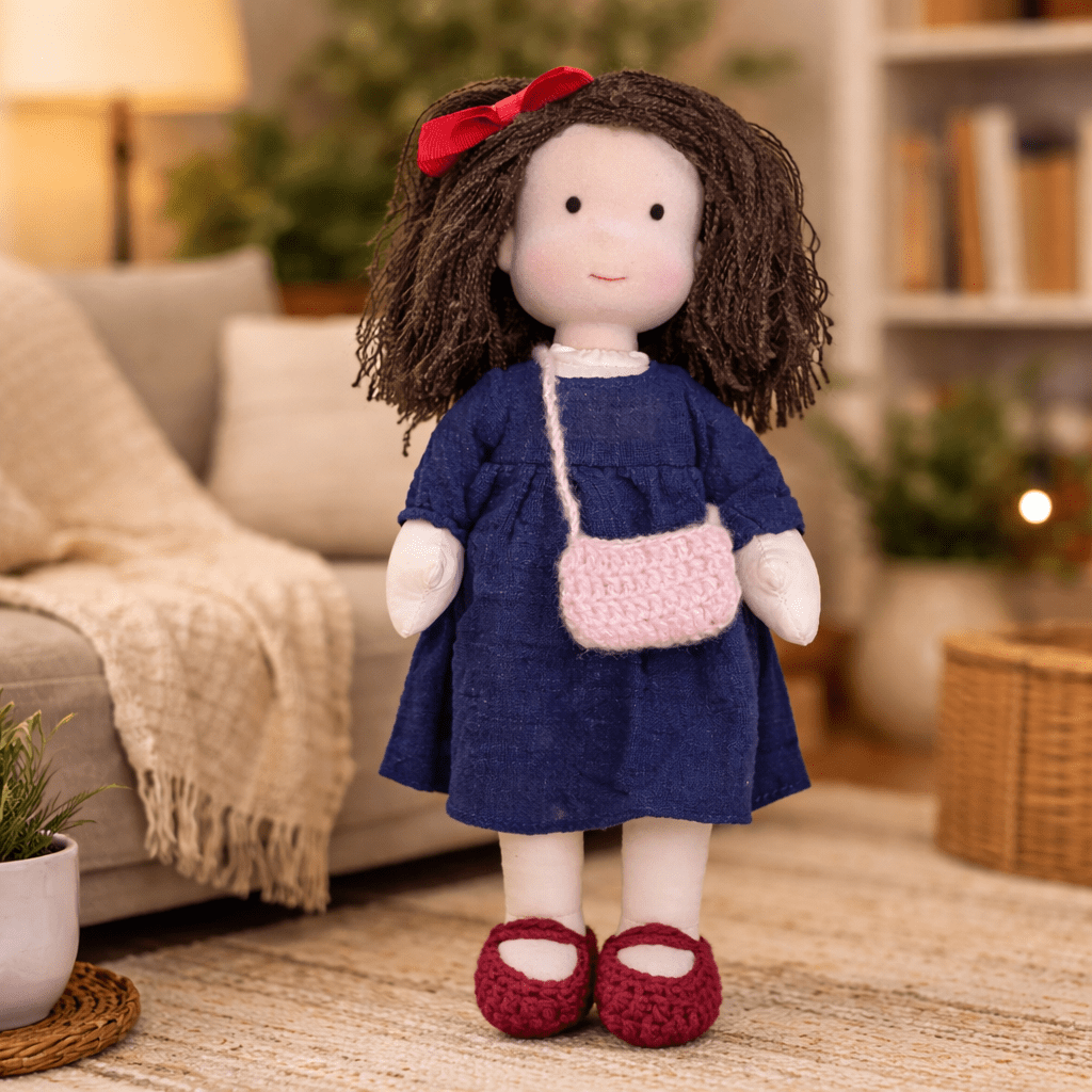 Charming cotton Waldorf doll, a handcrafted soft toy encouraging imaginative storytelling.