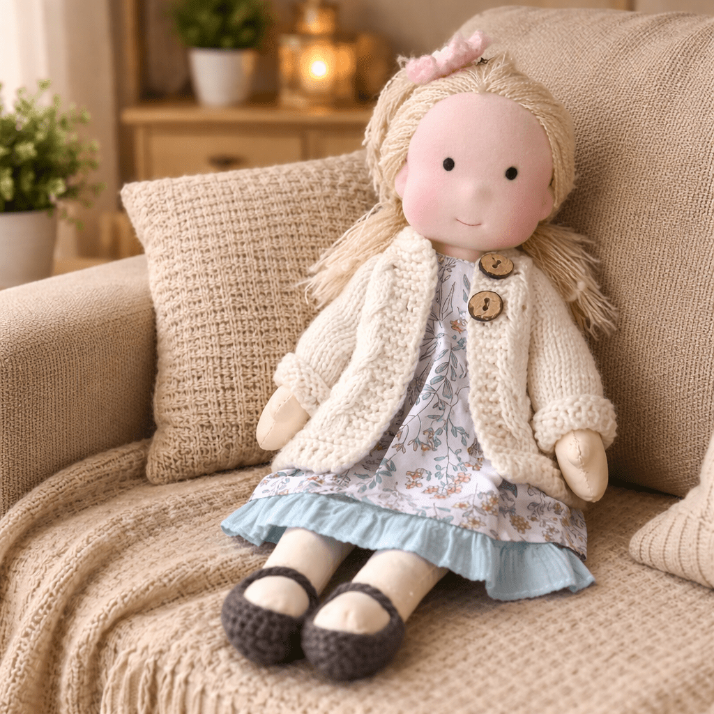 Durable cotton Waldorf doll, a handmade children's toy for endless creative adventures.