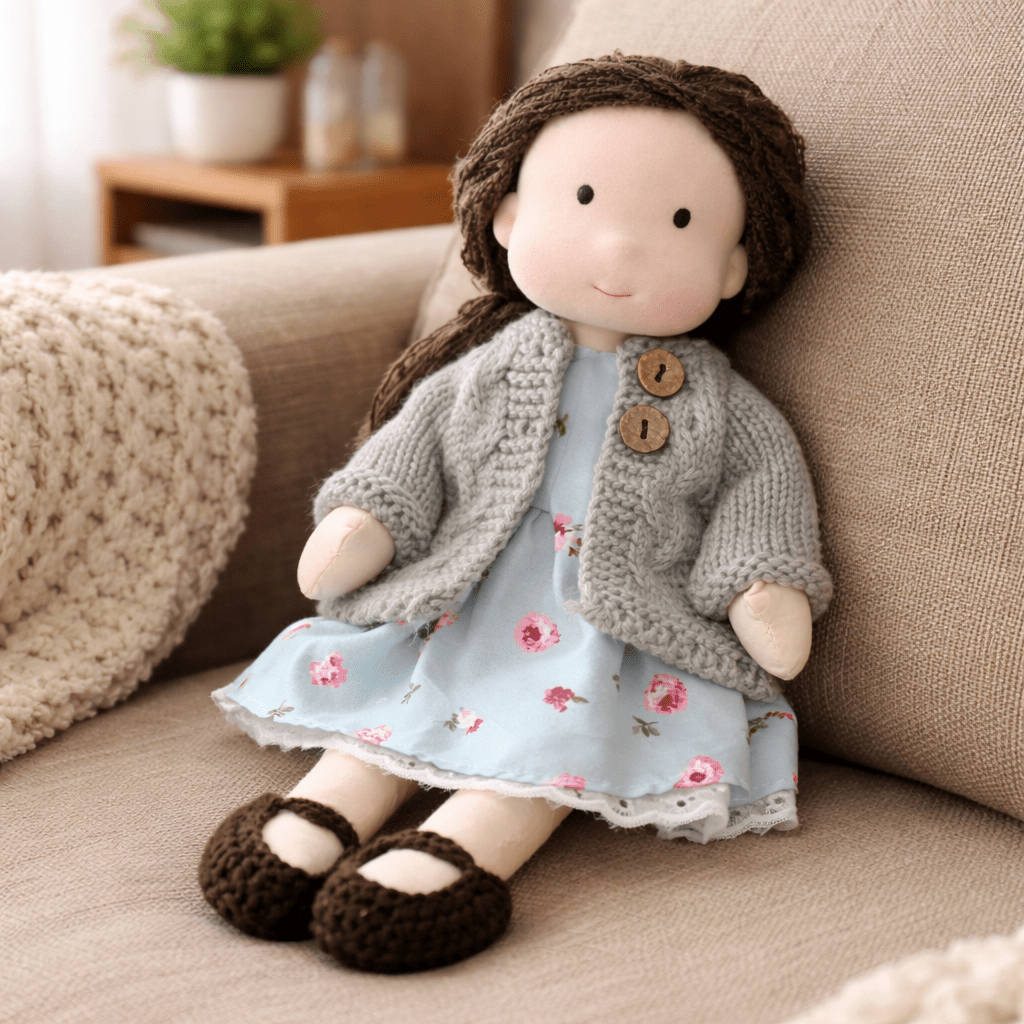 Waldorf doll with a simple expression, handcrafted cotton plush for calm, imaginative play.