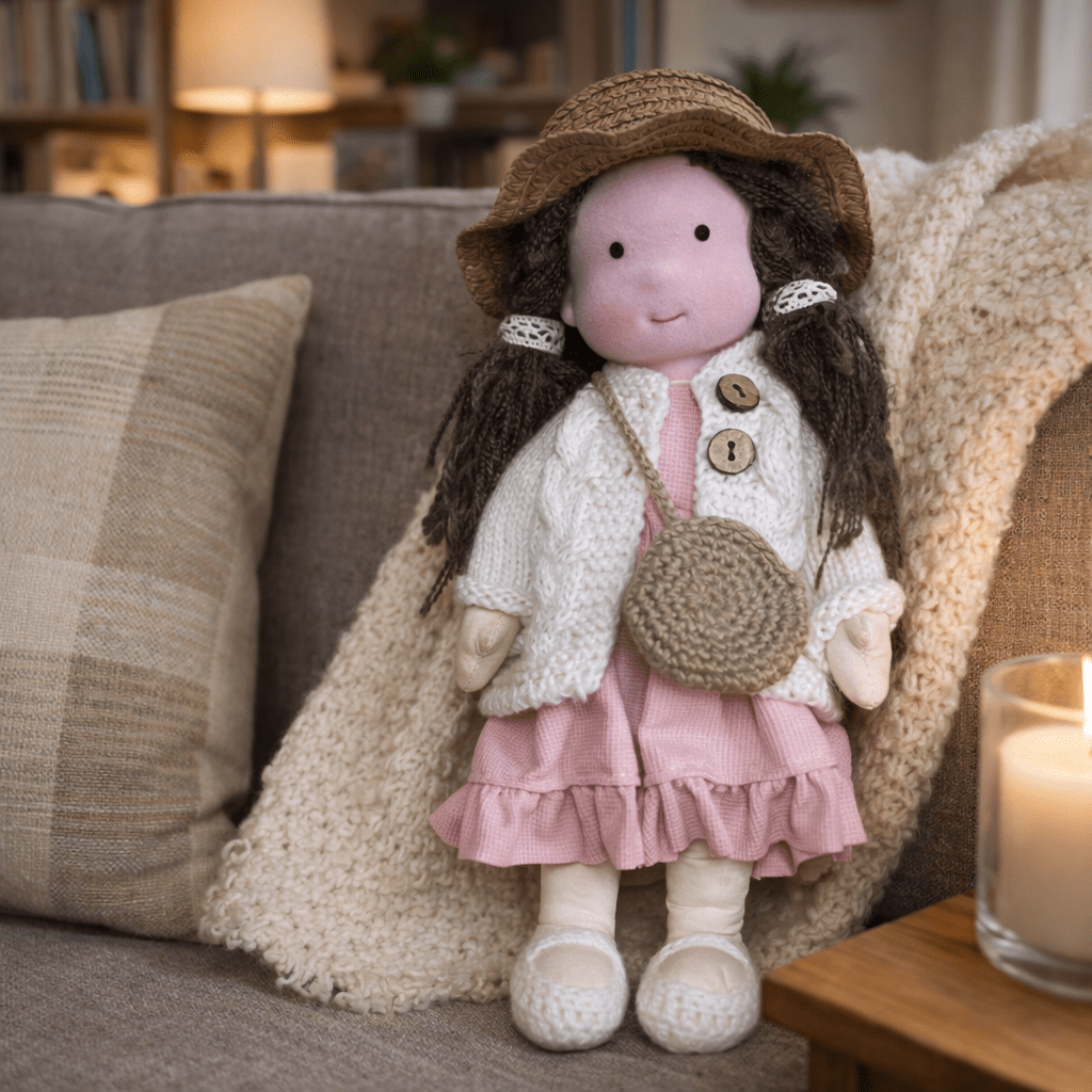 Softest cotton Waldorf doll, a handmade children's toy promoting imaginative world-building.
