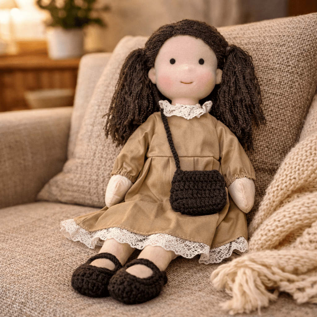 Unique handcrafted Waldorf doll, a durable cotton plush toy for creative play adventures.