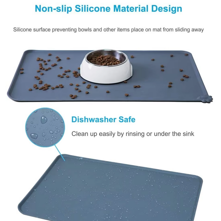 Pet feeding mat under two bowls, illustrating its spill containment, waterproof & non-slip design.