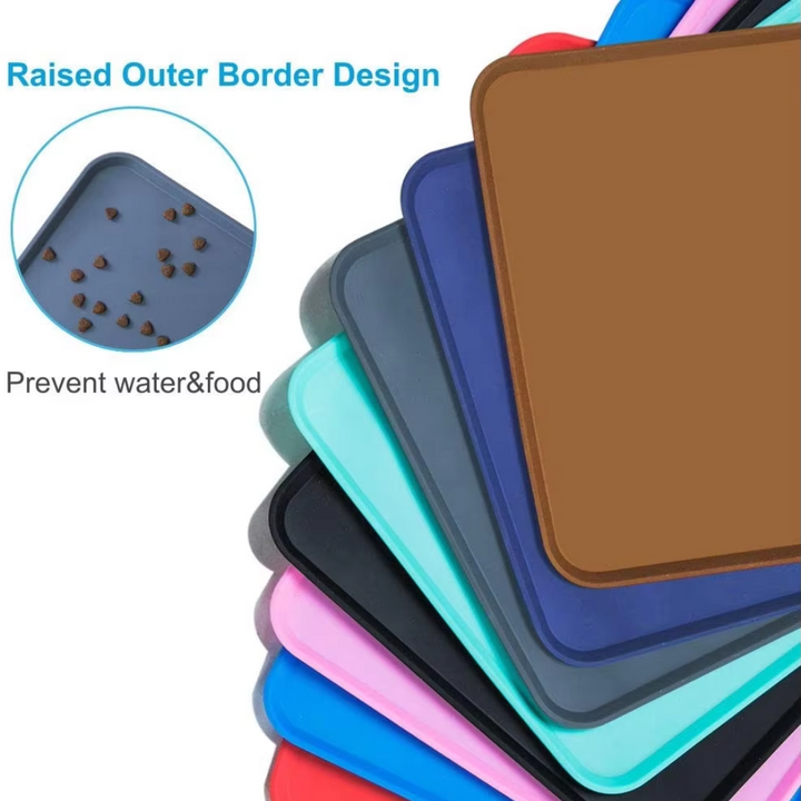Textured non-slip pet mat, waterproof surface for dog & cat food, ensures bowls stay put.