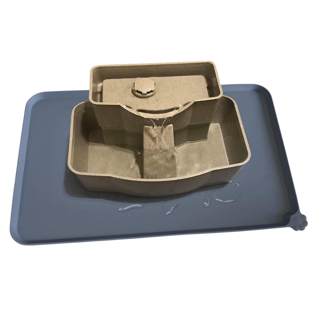 Modern grey pet feeding mat, waterproof & non-slip, a practical accessory for dog and cat feeding.