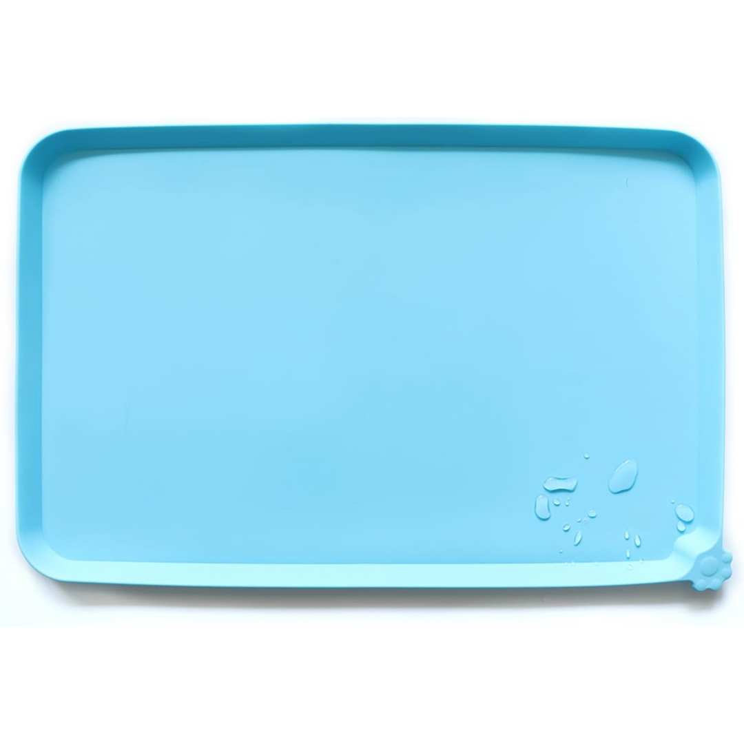 Grey waterproof dog feeding mat, featuring a raised edge to contain spills & food, easy clean.