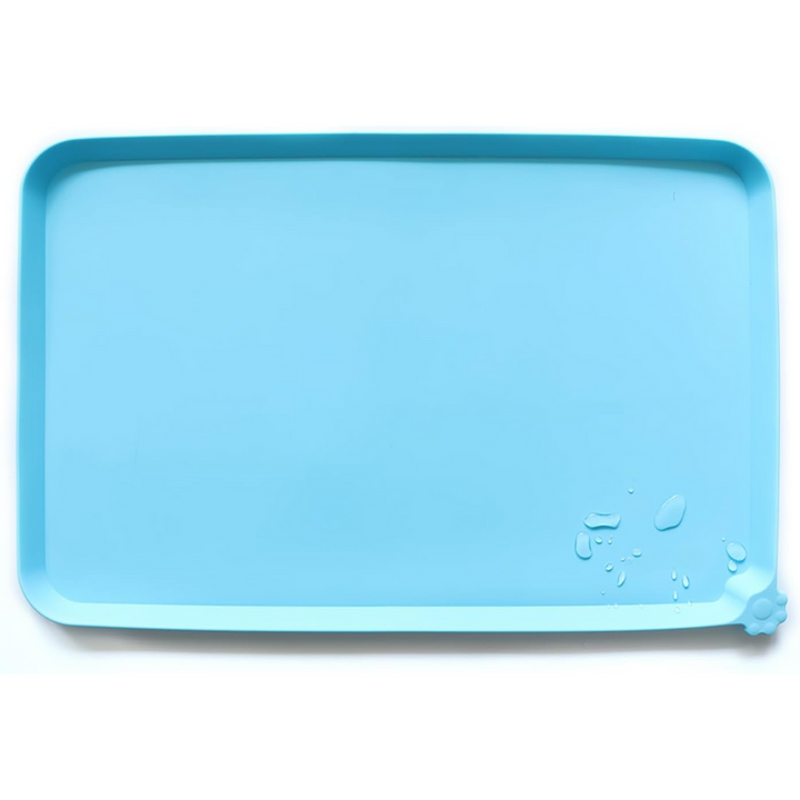 Grey waterproof dog feeding mat, featuring a raised edge to contain spills & food, easy clean.