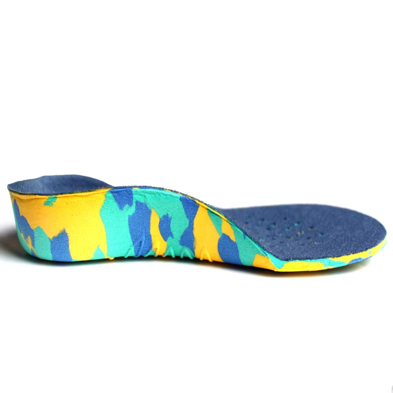 Close-up of blue kids arch support inserts designed for flat feet & pronation relief, offering comfort.