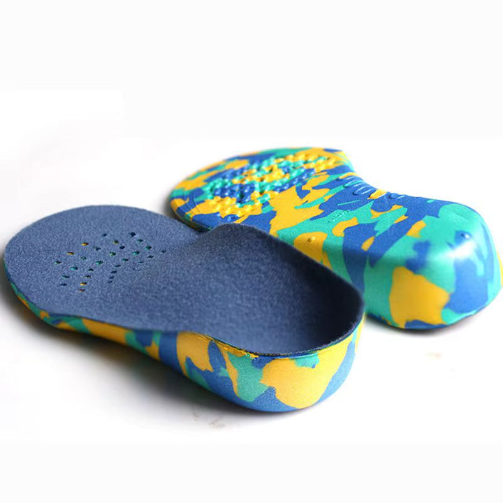 Children's orthopedic arch support inserts for flat feet, providing pronation relief & comfort for active kids.