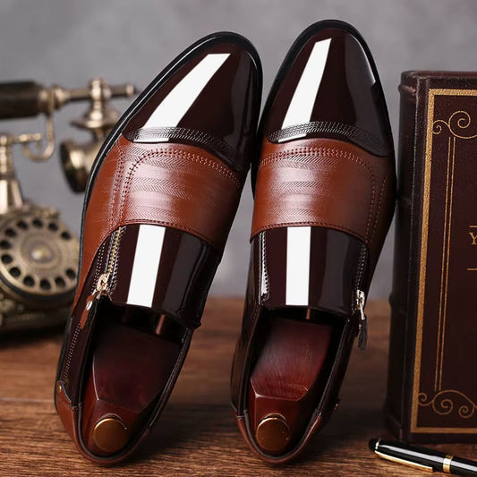 Close-up of men's dual-texture zip loafers, showcasing sleek design & polished finish.