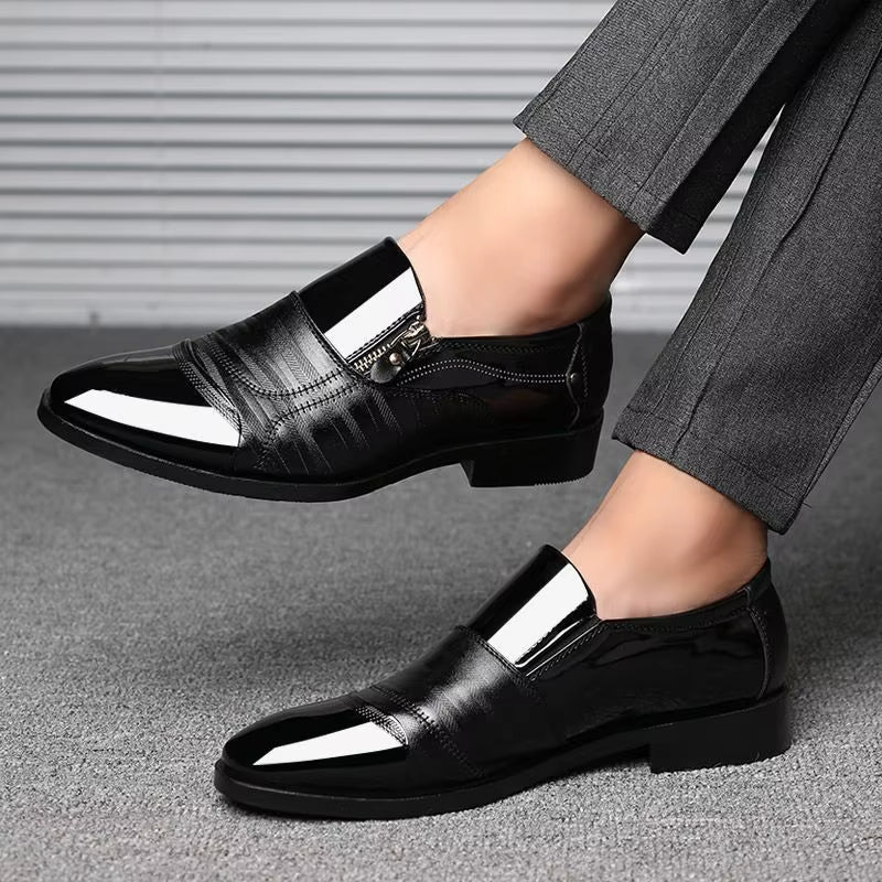 Sophisticated black men's dual-texture zip loafers, suitable for dressy & casual outfits.