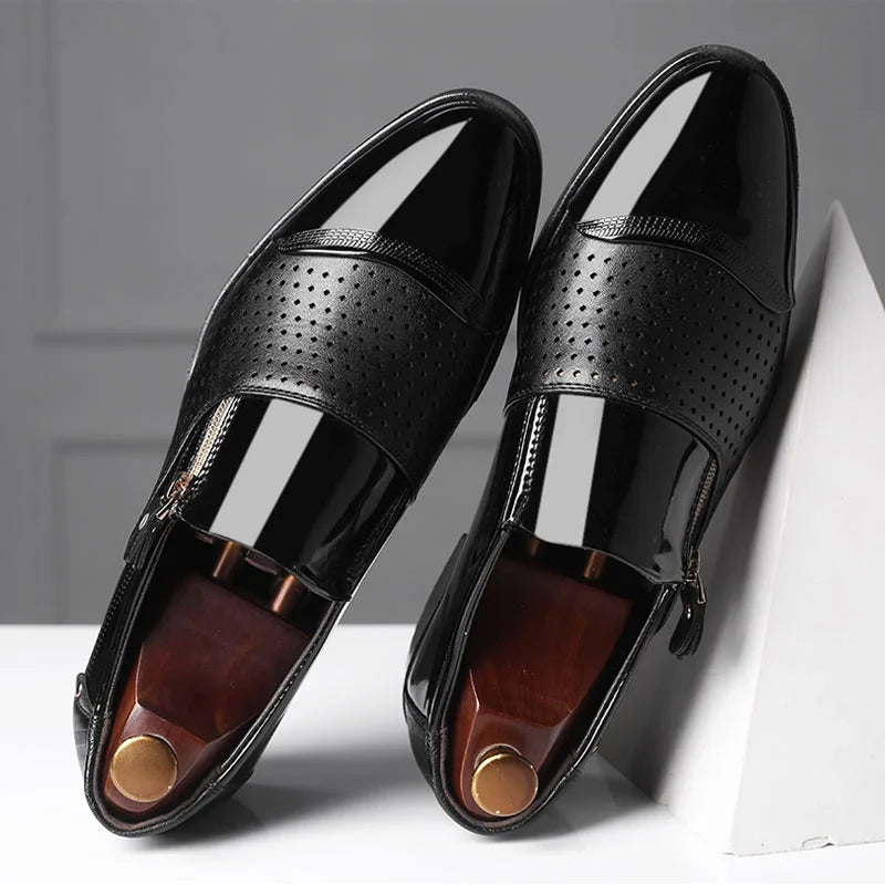 Polished men's dress shoes, dual-texture loafers featuring a stylish zip closure.