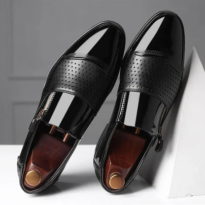 Polished men's dress shoes, dual-texture loafers featuring a stylish zip closure.