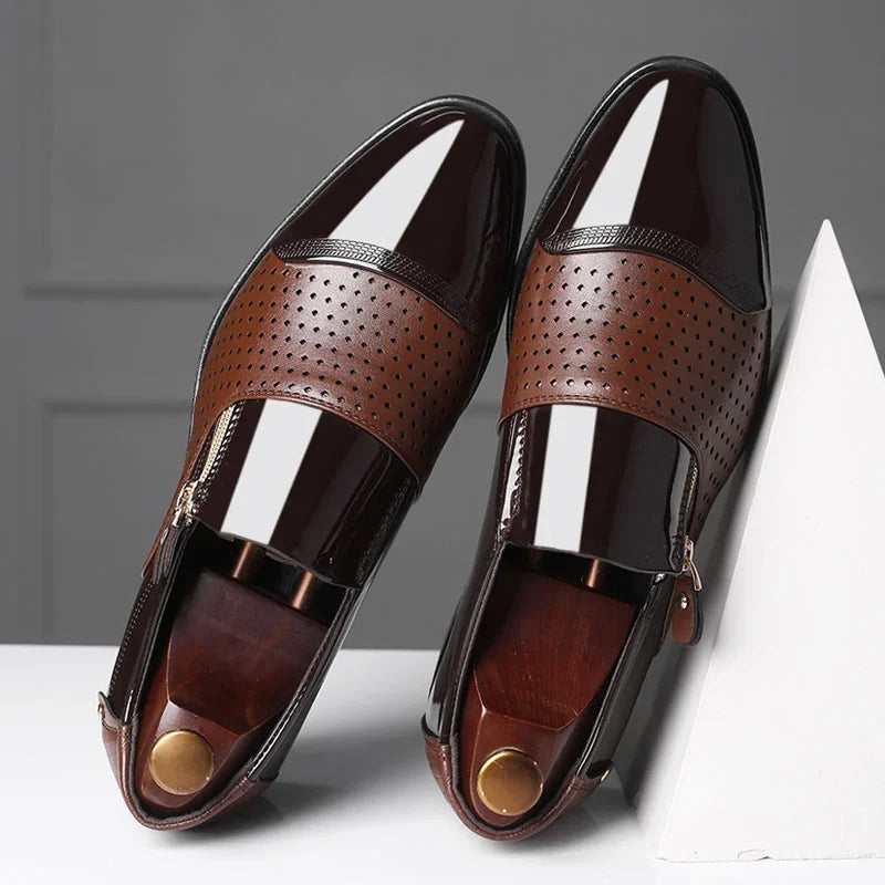 Front view of men's dual-texture zip loafers, emphasizing quality and sleekness.