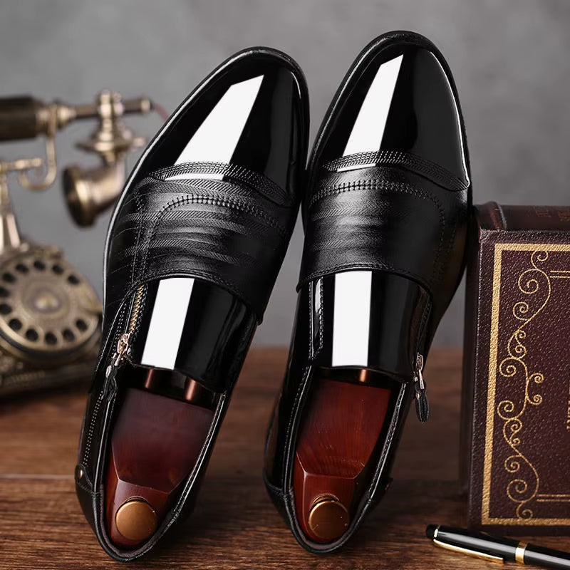 High-quality men's slip-on dress loafers with dual-texture finish and unique zip.