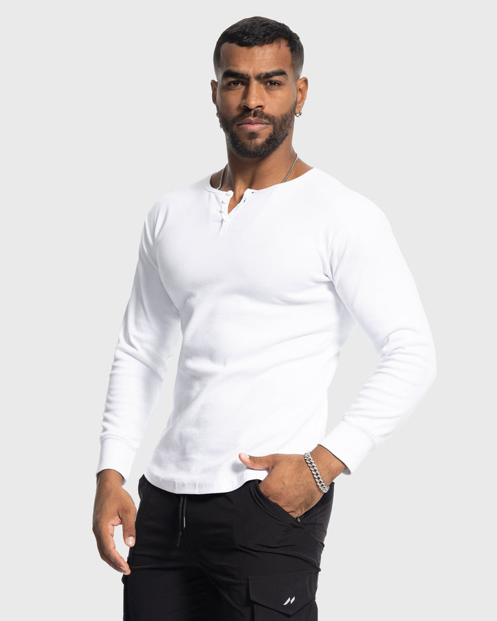 Lifestyle shot of Men's Siena Ribbed Henley, embodying relaxed everyday wear.