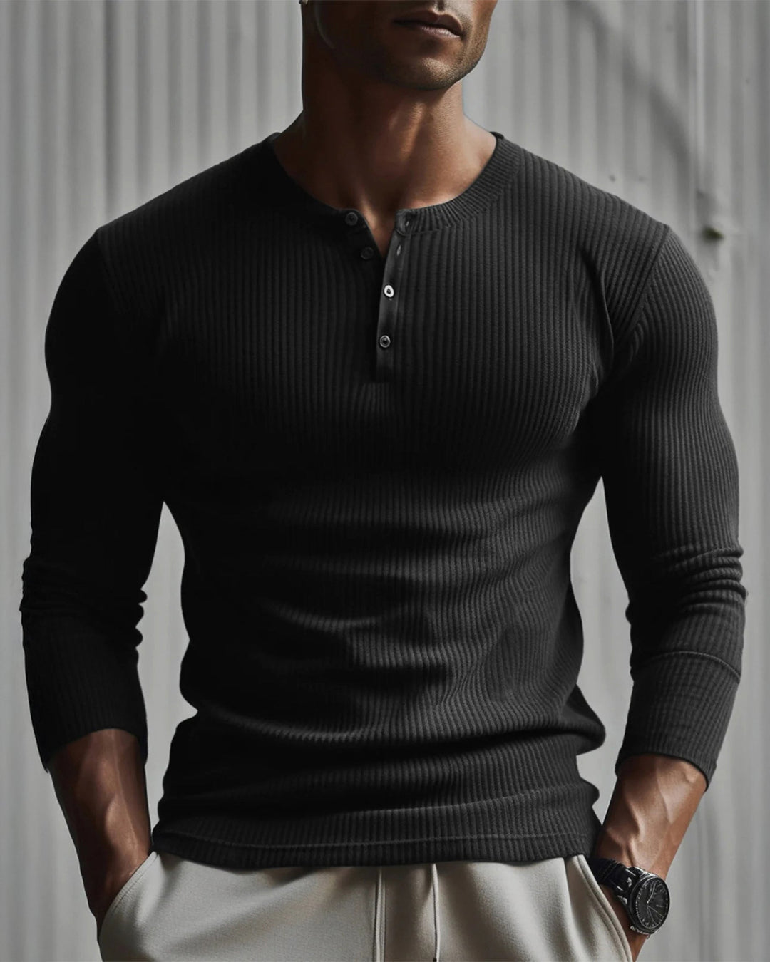 Man wearing a gray Men's Siena Ribbed Henley shirt in a casual setting.