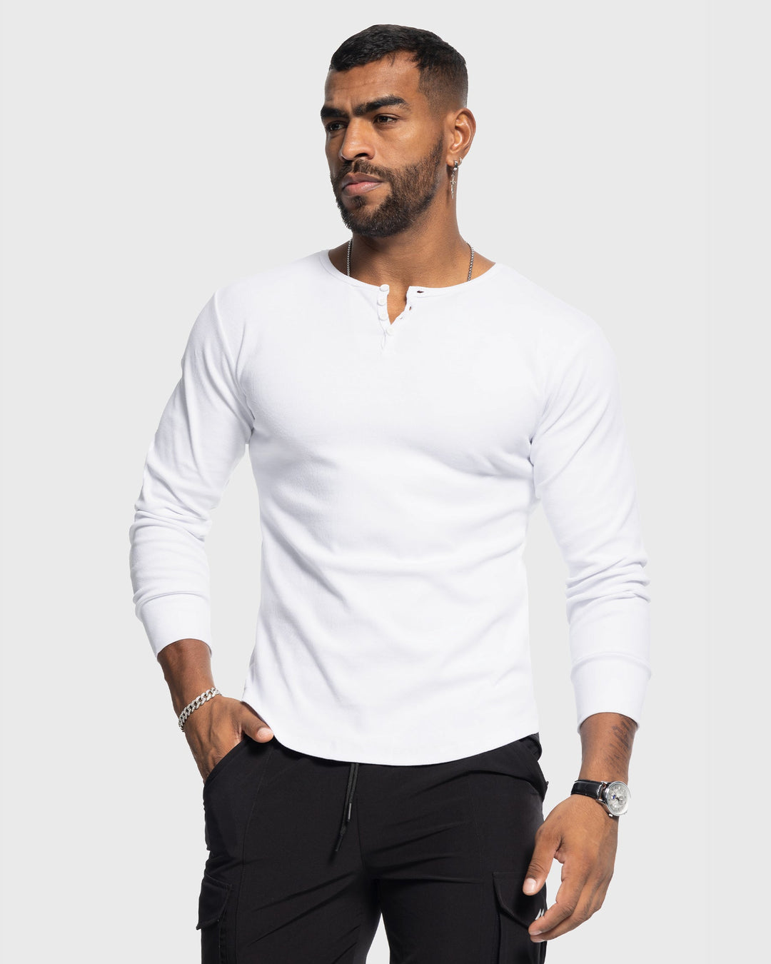 Men's long sleeve ribbed Henley, perfect for smart-casual athletic style.